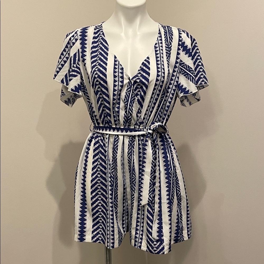 Navy & White Geometric V-Back Romper